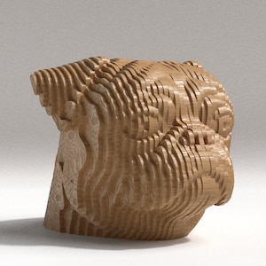 May include: A wooden sculpture of a dog's head, crafted from layered wood pieces. The sculpture is light brown and features detailed lines that define the dog's features. The artwork is set against a white background.