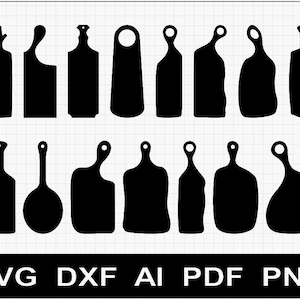 Puede incluir: Un conjunto de 15 archivos de corte de silueta negra para diferentes formas de tablas de cortar. Las tablas de cortar son de diferentes tamaños y formas, incluyendo rectangulares, redondas y ovaladas.