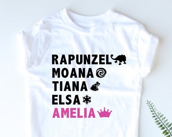 Camisa de princesa personalizada - Nombre de su hijo - Rapunzel - Moana - Tiana - Elsa - Camiseta personalizada de niña - Camisa de princesa - regalo personalizado para niñas