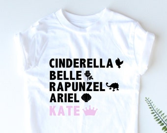 Camisa de princesa personalizada - El nombre de su hijo - Cenicienta - Bella - Rapunzel - Ariel - Niños de moda - Princesas - Camiseta personalizada para niña - Princesa