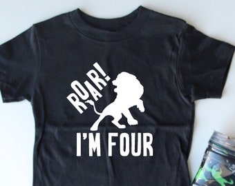 Roar I'm Four - 4th Birthday Shirt - Lion Shirt - 4 Years Old - Animal Party - Lion Shirt - Zoo Birthday Shirt - Gift Idea For Four Year Old