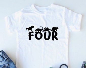 Four with Dinosaurs On Top - 4th Birthday Dinosaur Shirt - Fourth Birthday - Dino Shirt - Dinosaur Party - Four years old - Dinosaur Shirt