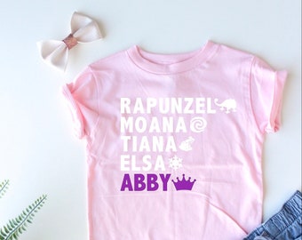 Camisa de princesa personalizada - El nombre de su hijo - Rapunzel - Moana - Tiana - Elsa - Princesas - Camisa de princesa personalizada para niña - regalo personalizado para niña