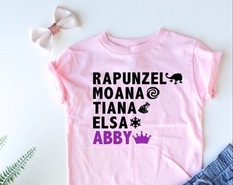 Camisa de princesa personalizada - El nombre de su hijo - Rapunzel - Moana - Tiana - Elsa - Princesas - Camisa de princesa personalizada para niña - Regalo personalizado para niña