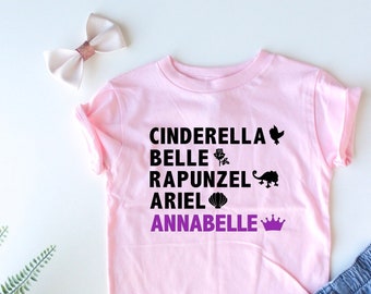Camisa de princesa personalizada - El nombre de su hijo - Cenicienta - Bella - Rapunzel - Ariel - Niños de moda - Princesas - Camiseta personalizada para niña - Princesa