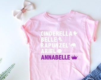 Camisa de princesa personalizada - El nombre de su hijo - Cenicienta - Bella - Rapunzel - Ariel - Niños de moda - Princesas - Camiseta personalizada para niña - Princesa