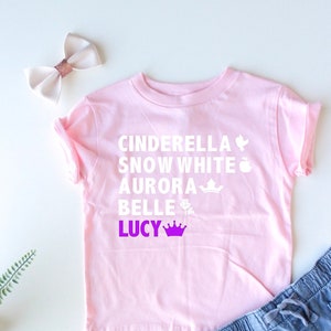Custom Princess Shirt Your Child's Name Cinderella Snow White Aurora Belle Trendy Kids Princesses Girl's Custom Tee Girly image 3