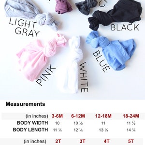 May include: A chart showing the measurements of t-shirts in different sizes and colors. The sizes are 3-6M, 6-12M, 12-18M, 18-24M, 2T, 3T, 4T, 5T, S, M, and L. The colors are plum, light gray, pink, white, blue, charcoal, and black.