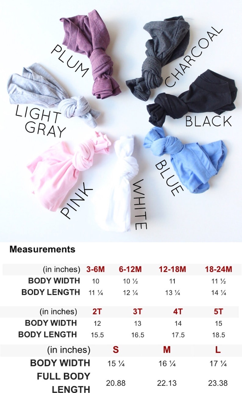 May include: A chart showing the measurements of t-shirts in different sizes and colors. The sizes are 3-6M, 6-12M, 12-18M, 18-24M, 2T, 3T, 4T, 5T, S, M, and L. The colors are plum, light gray, pink, white, blue, charcoal, and black.