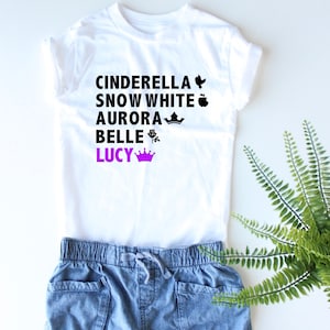 Custom Princess Shirt Your Child's Name Cinderella Snow White Aurora Belle Trendy Kids Princesses Girl's Custom Tee Girly image 2