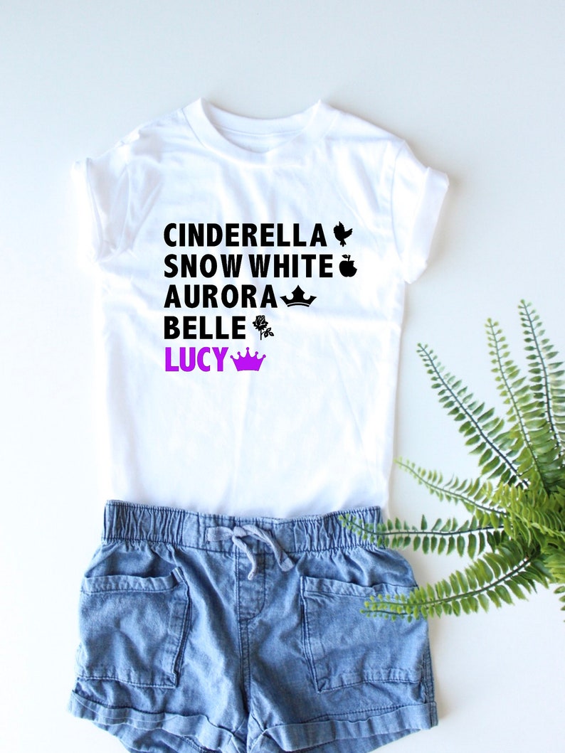 Custom Princess Shirt Your Child's Name Cinderella Snow White Aurora Belle Trendy Kids Princesses Girl's Custom Tee Girly image 2