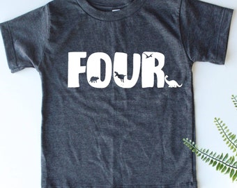 Four with Dinosaurs - 4th Birthday Dinosaur Shirt - Fourth Birthday Tee - Dino Shirt - Dinosaur Party - Four years old - Four - Trendy Kids