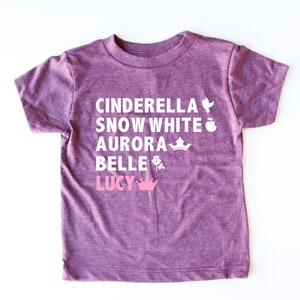 Custom Princess Shirt Your Child's Name Cinderella Snow White Aurora Belle Trendy Kids Princesses Girl's Custom Tee Girly image 1