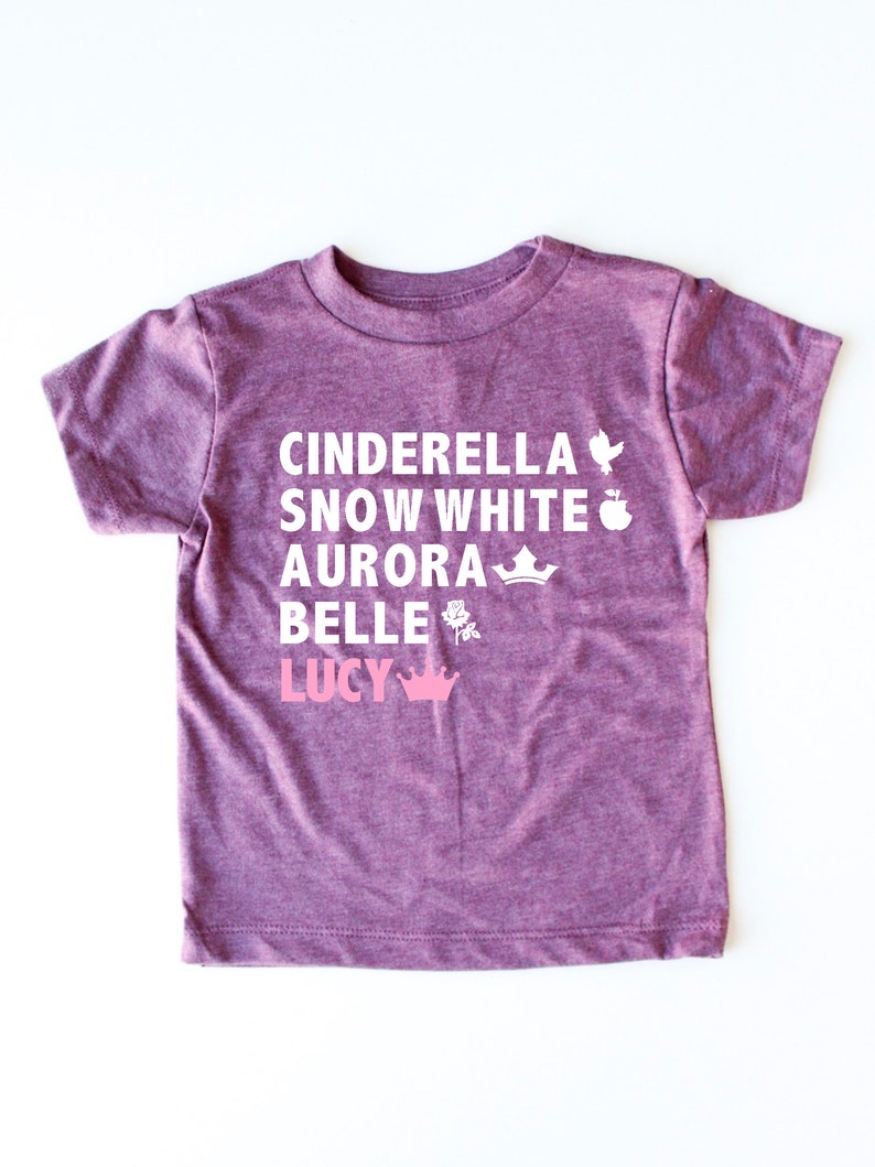 Custom Princess Shirt Your Child's Name Cinderella Snow White Aurora Belle Trendy Kids Princesses Girl's Custom Tee Girly image 1