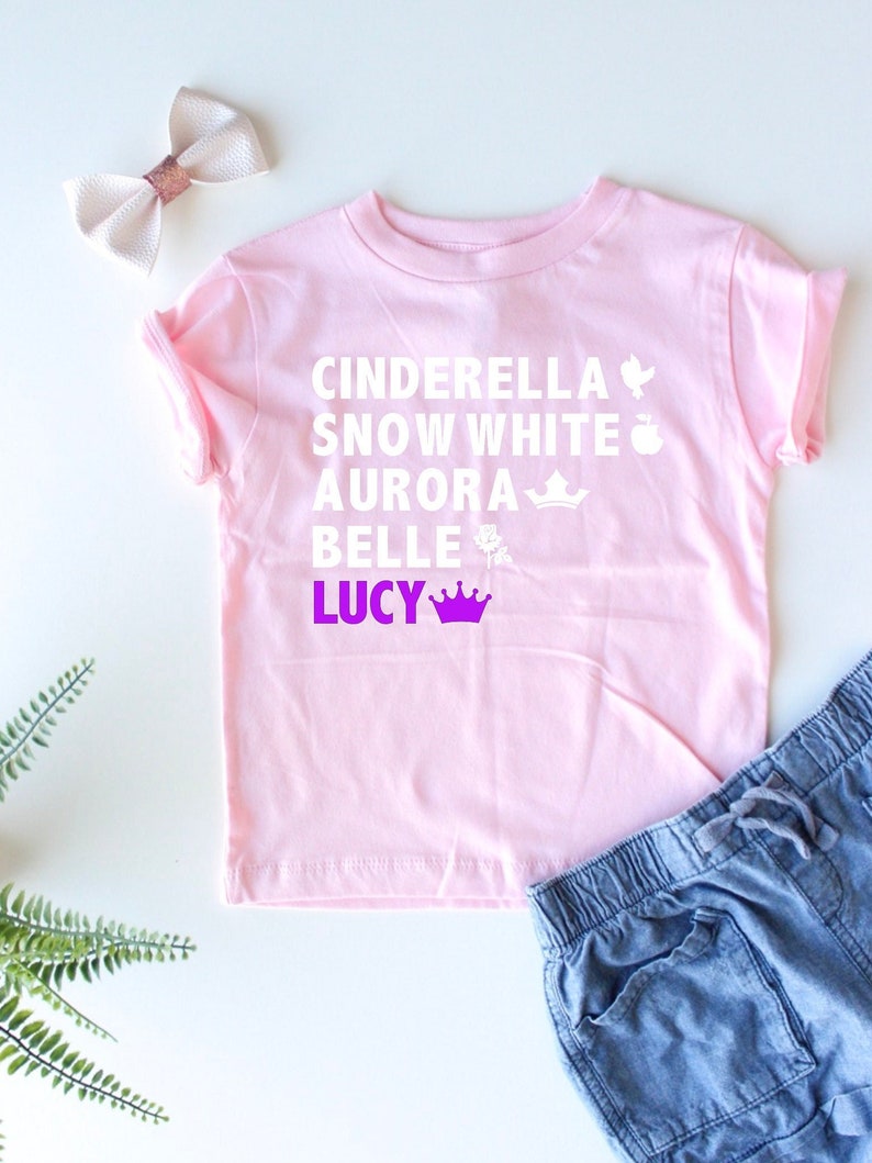 Custom Princess Shirt Your Child's Name Cinderella Snow White Aurora Belle Trendy Kids Princesses Girl's Custom Tee Girly image 3