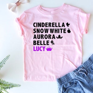 Custom Princess Shirt Your Child's Name Cinderella Snow White Aurora Belle Trendy Kids Princesses Girl's Custom Tee Girly image 4