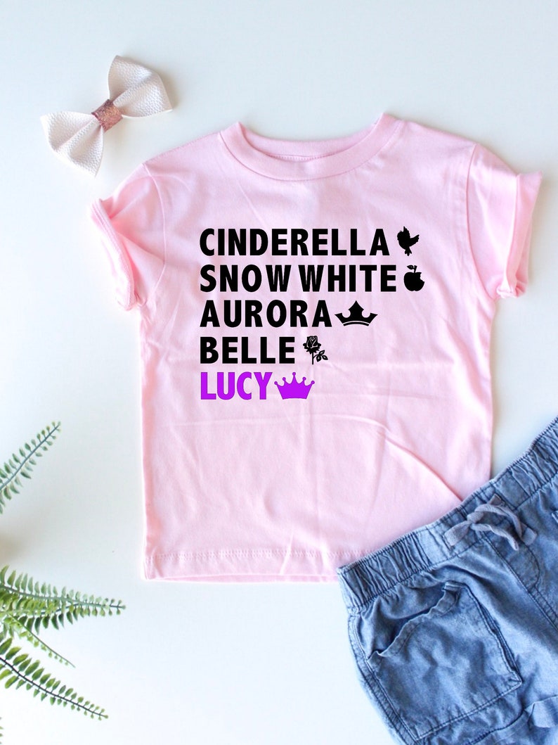 Custom Princess Shirt Your Child's Name Cinderella Snow White Aurora Belle Trendy Kids Princesses Girl's Custom Tee Girly image 4