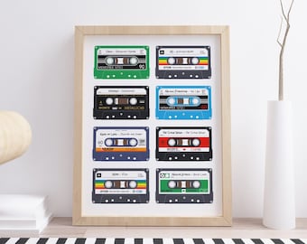 8 Custom Retro Cassette Poster Print - Personalised Music/Mix Tape - Wall Illustration Art - Choose Your Style & Label