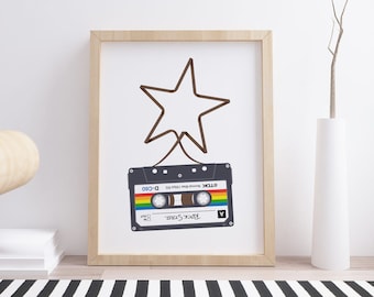 Rock Star Ribbon Cassette - Personalised Music Mix Tape - Custom Wall Illustration Art - Choose Your Style & Label