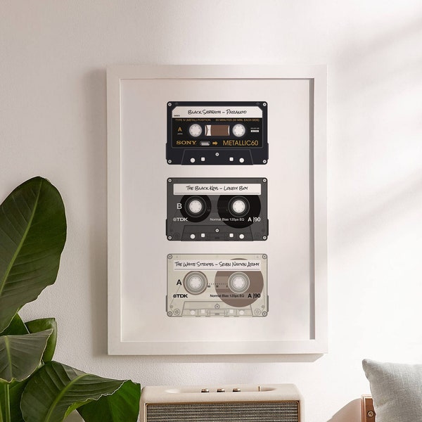 3 Custom Retro Cassette Poster Print - Personalised Music Mix Tape - Wall Illustration Art - Choose Your Style & Label