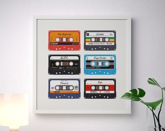 6 Custom Retro Cassette Poster Print - Personalised Music Mix Tape - Wall Illustration Art - Choose Your Style & Label