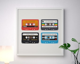 4 Custom Retro Cassette Print - Personalised Music Mix Tape - Wall Illustration Art - Choose Your Style & Label