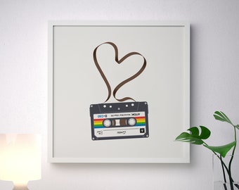 Love Heart Ribbon Cassette - Personalised Music Mix Tape - Custom Wall Illustration Art - Choose Your Style & Label