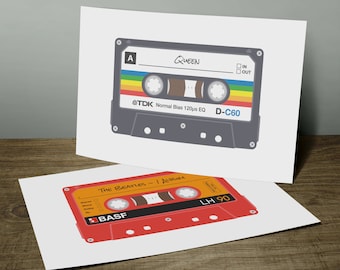 MixTape Postcard Print - Personalised Retro Music/Mix Tape - Wall Illustration Art - Choose Your Style & Label