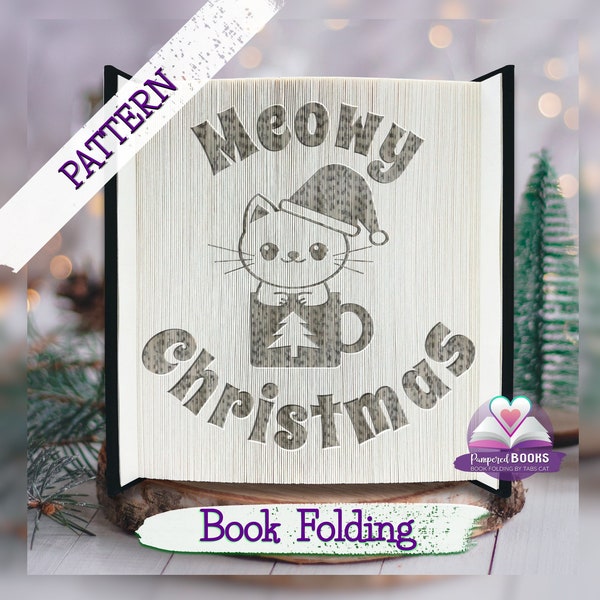 Christmas Book folding Pattern: Meowy Christmas | Cat Santa hat Folded book art template | Kitty sculpture | Cat lover book | Bookworm gift