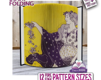 May include: A book folding pattern featuring a woman in a purple dress against a yellow background. The pattern is designed for a 12-edge book folding project. The text "12 EDGE PATTERN SIZES" is visible at the bottom of the image.