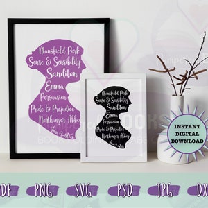 Jane Austen art print Silhouette Complete Novels, Pride and Prejudice Printable Digital Instant Download files: svg, jpg, png, psd, dxf, pdf