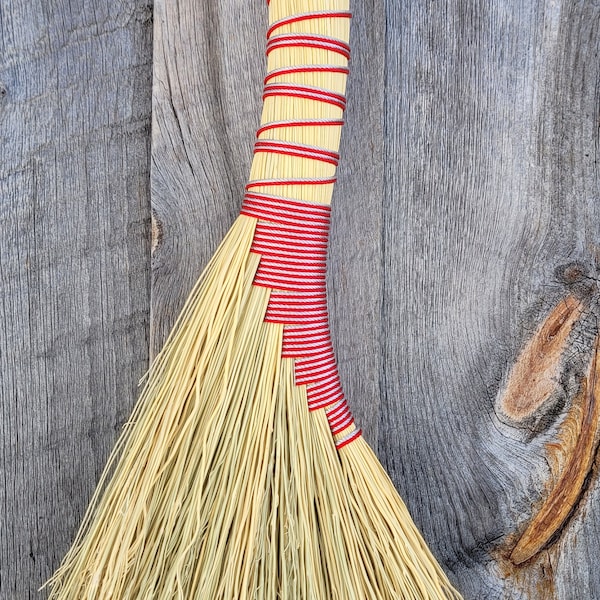 Handcrafted Long Handled Turkey Wing Whisk Broom~Red & Gray