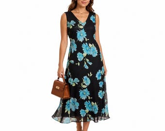 Vtg R&K ORIGINALS Size 10 Black Blue Floral Chiffon Sleeveless V-Neck Midi Dress