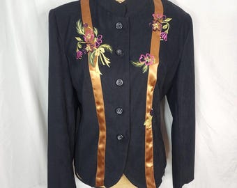 Vtg COURTENAY Size 12 Mandarin Collar Embroidered Satin Embellished Shacket Top