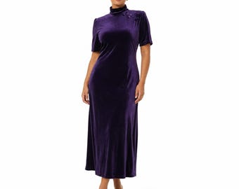 Vtg SAG HARBOR Size 10 Cheongsam Inspired Royal Purple Velvet Maxi Column Dress