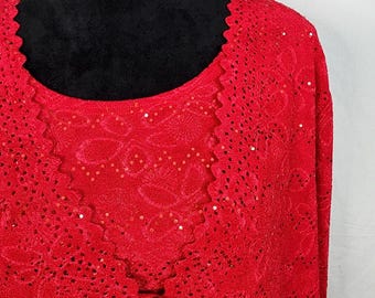 Vintage MAGGIE SWEET Size XL Red Laser Cut Glitter Floral Mockset Cardigan Top