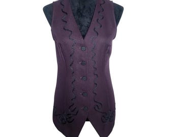 USA Vtg 90s! JAY JACOBS Size 5 Dark Purple Tailored Vest Black Accent Tie Back