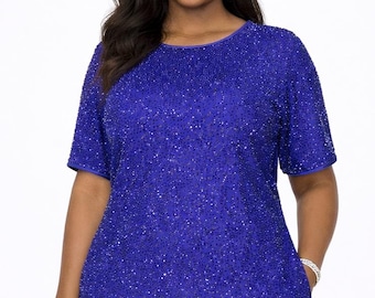 Vintage BLACK TIE Oleg Cassini Size Large Beaded Silk Blue Top Formal Blouse EUC