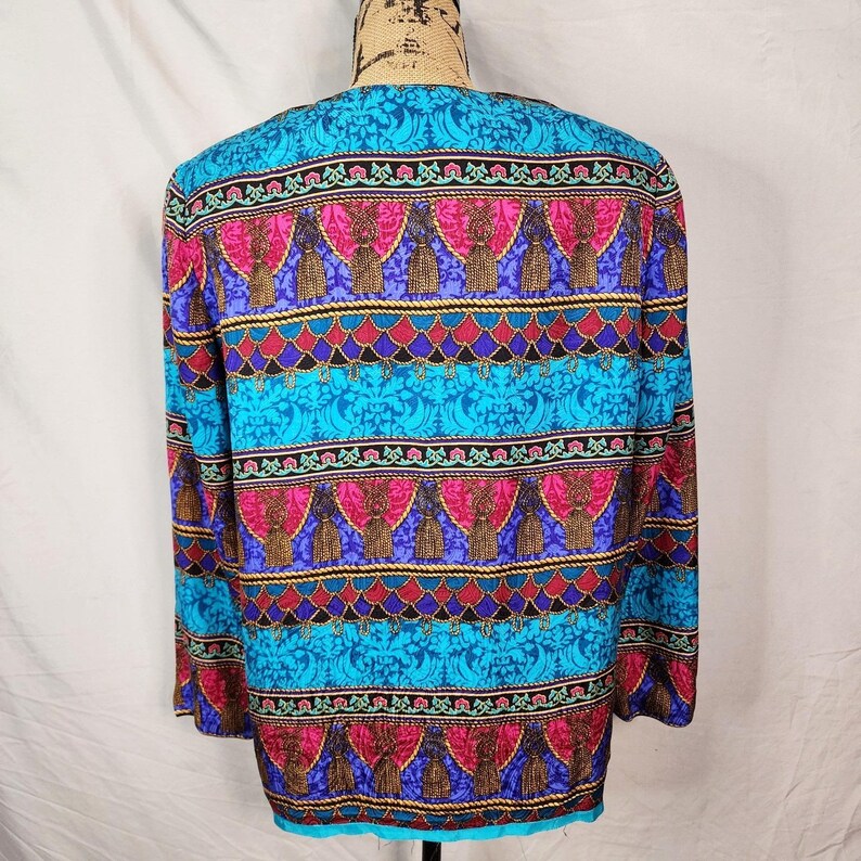 Vintage ADRIANNA PAPELL Size 12 Rope Tassel Print 100% Silk Bright Retro Blouse image 6