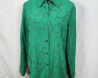 SAG HARBOR Size 14 Green Floral Embroidered Microsuede Long Sleeve Button Up Top
