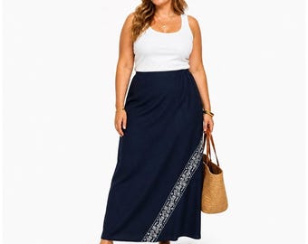 CASUAL CORNER Spódnica maxi bez paska, rozmiar 14, vintage, niebieska, haftowana, z kwiatowym wzorem