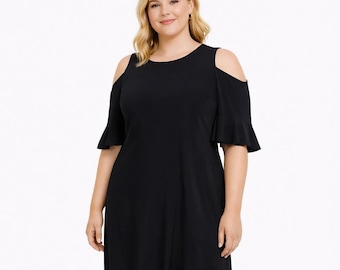 TOMMY HILFIGER Size 4 Black Stretch Knit Cold Shoulder Ruffled Cocktail Dress