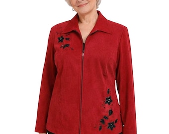 Vintage STUDIO I Size 16 Red Full Zip Collared Jacket Black Floral Embroidered