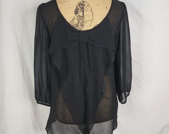 Vtg A. BYER Size Medium Sheer Black Chiffon Pleated Bow Detail Back Blouse Y2K