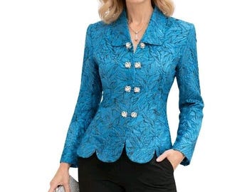 New w/tag LESLIE FAY Size 8P Shimmering Turquoise Jacquard Scalloped Hem Blazer