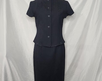 Vintage 1960s AUSTIN REED Size 6 Black Jacquard 2pc Skirt Suit Set 100% Wool