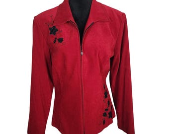 Vintage STUDIO I Size 16 Red Full Zip Collared Jacket Black Floral Embroidered