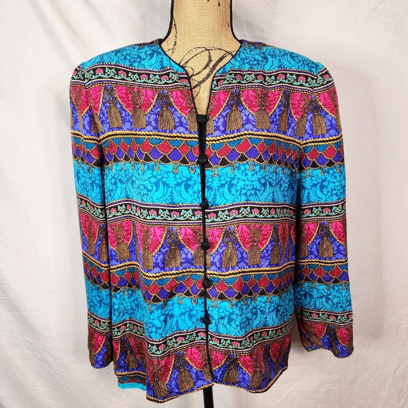 Vintage ADRIANNA PAPELL Size 12 Rope Tassel Print 100% Silk Bright Retro Blouse image 2