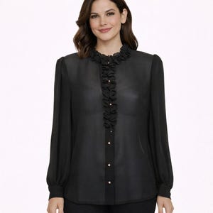 Vtg 70s JAMBOREE Size Small Couture Sheer Black Pearl Button Ruffle Neck Blouse