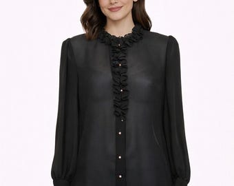 Vtg 70s JAMBOREE Size Small Couture Sheer Black Pearl Button Ruffle Neck Blouse